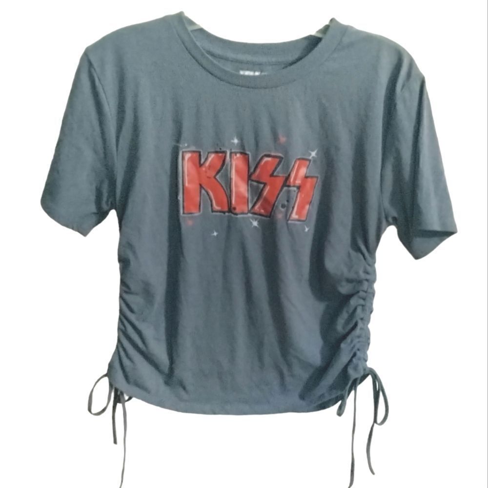 KISS Graphic Tee Shirt Cropped Ruched Sides with Ties Sz XL Blue Red